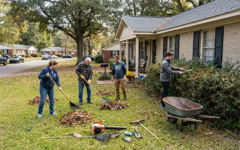 A volunteer group helping an elderly Lexington homeowner with yard cleanup, raking leaves and trimming a hedge together