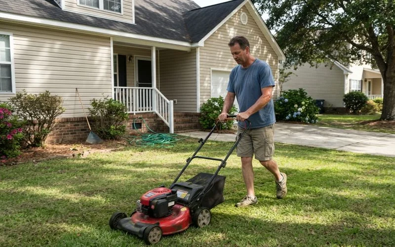 A homeowner in Lexington pushing a mower across a well-kept front lawn on a sunny afternoon, a bag of grass clippings nearby