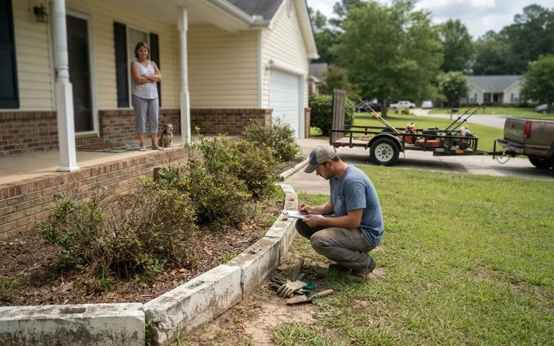 A homeowner and a landscaping crew lead inspecting a damaged sprinkler head in a Lexington yard, taking photos for documentation