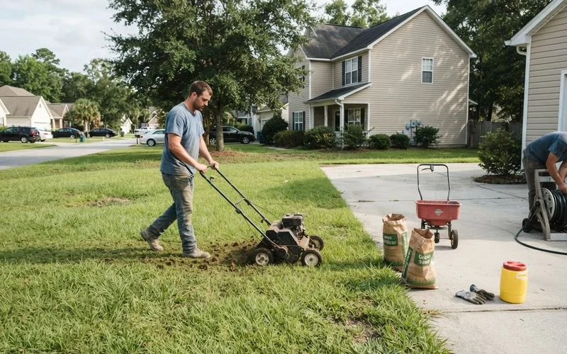 A row of healthy green lawns along a Lexington, SC street in early summer, freshly mowed with visible edging along the sidewalks