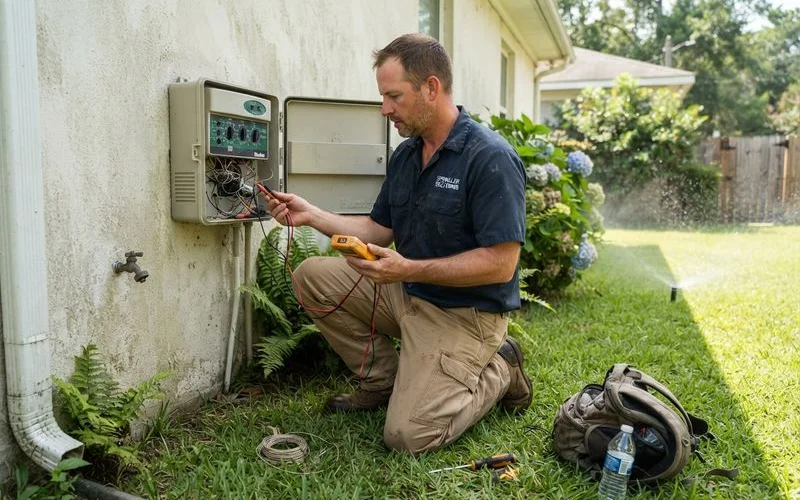 A technician inspecting an open irrigation valve box in a Lexington yard, checking wiring and a solenoid before deciding on repair or replacement