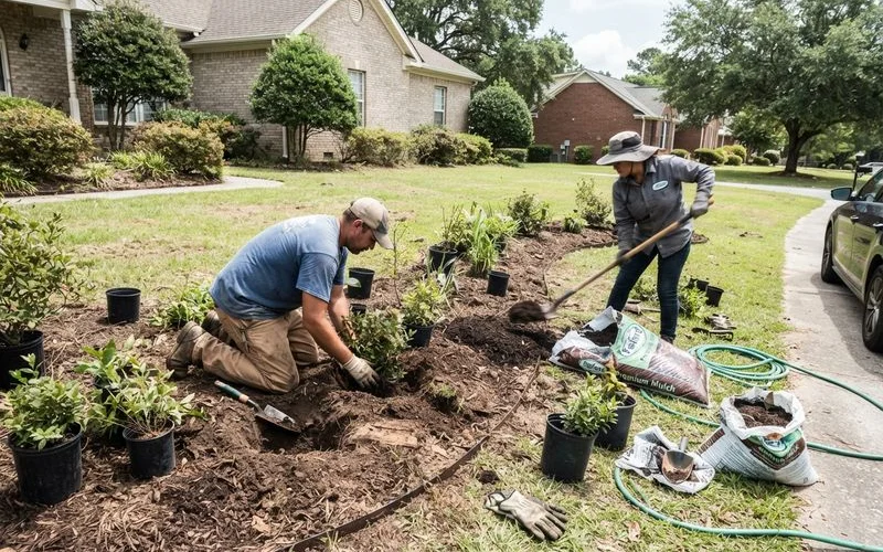 A landscape crew laying sod in neat rows across a freshly graded Lexington yard, with new planting beds already installed along the border