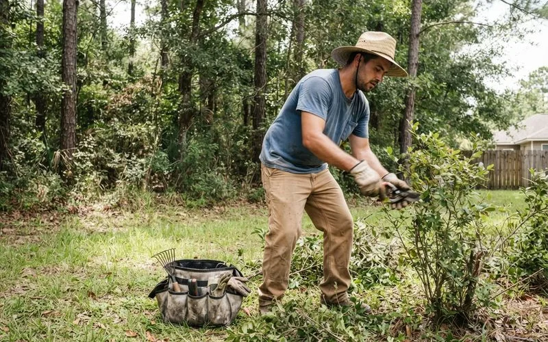 A person doing yard work near a wooded edge in Lexington wearing long pants tucked into boots and gloves as a precaution against ticks and poison ivy