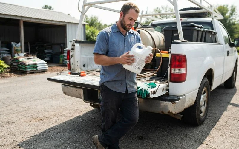 A licensed lawn care technician in protective gear checking a product label before a fertilization application on a Lexington lawn
