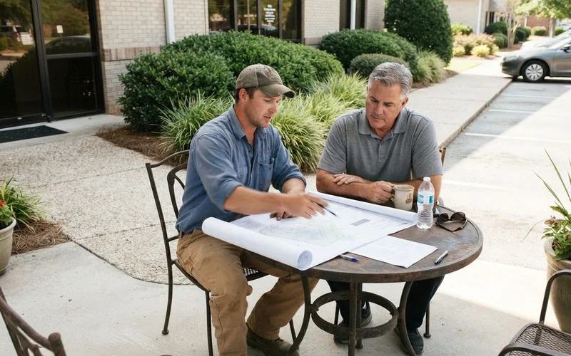 A property manager and a commercial landscaping crew lead reviewing a written contract and site map at a Lexington office property