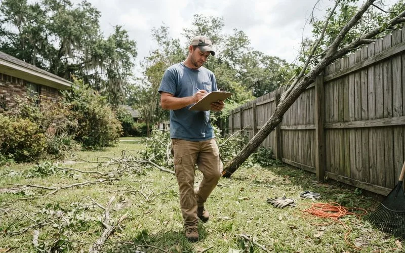 A fallen tree limb resting across a fence in a Lexington backyard after a summer storm, with debris scattered nearby before cleanup begins