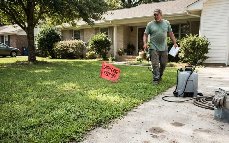 A small yard sign marking a recently treated lawn in a Lexington neighborhood, with a family dog kept on the porch nearby