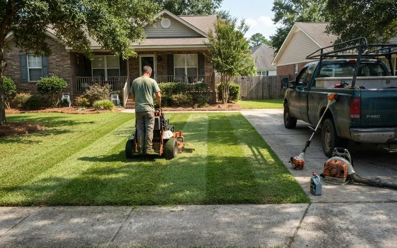 A mowing crew edging along a driveway in a Lexington yard during a weekly summer visit, clippings bagged and hardscape swept clean